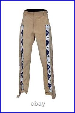 Men Old Style American Western Suede Buckskin Buffalo Leather Long Beaded Pants