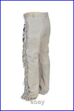 Men Old Style American Western Suede Buckskin Buffalo Leather Long Beaded Pants