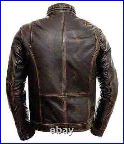 Men Vintage Biker Café Racer Retro Old Style Distressed Brown Motorcycle Jacket