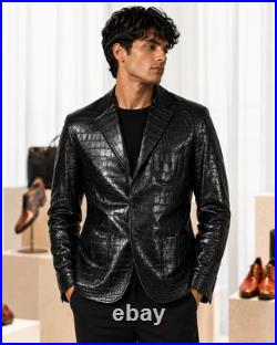 Men's Crocodile Embossed Luxury Leather Blazer Real Black Alligator Print Coat
