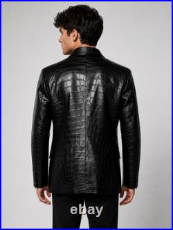 Men's Crocodile Embossed Luxury Leather Blazer Real Black Alligator Print Coat