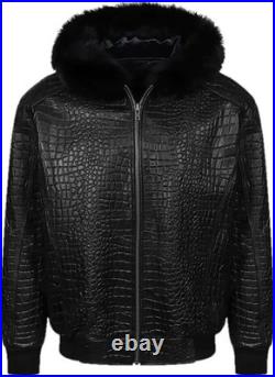 Men's Crocodile Pattern Black Bomber Real Embossed Leather Jacket With Hood Coat