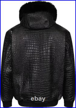 Men's Crocodile Pattern Black Bomber Real Embossed Leather Jacket With Hood Coat