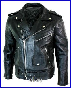 Men's Motorcycle Leather jacket Genuine Buffalo Skin Brando Style Black Biker