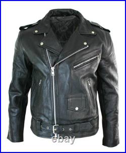 Men's Motorcycle Leather jacket Genuine Buffalo Skin Brando Style Black Biker