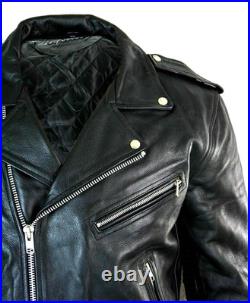 Men's Motorcycle Leather jacket Genuine Buffalo Skin Brando Style Black Biker