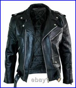 Men's Motorcycle Leather jacket Genuine Buffalo Skin Brando Style BlackBiker New