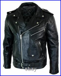 Men's Motorcycle Leather jacket Genuine Buffalo Skin Brando Style BlackBiker New