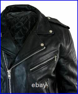 Men's Motorcycle Leather jacket Genuine Buffalo Skin Brando Style BlackBiker New