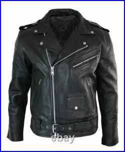 Men's Motorcycle Leather jacket Genuine Buffalo Skin Brando Style BlackBiker New
