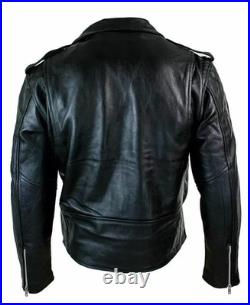 Men's Motorcycle Leather jacket Genuine Buffalo Skin Brando Style BlackBiker New