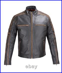 Men's Real Leather Antique Jacket Black Motorcycle Biker Old Style Vintage Coat