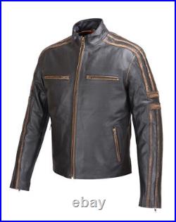 Men's Real Leather Antique Jacket Black Motorcycle Biker Old Style Vintage Coat