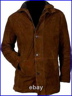 Men's Vintage Brown Pure Suede Leather Soft Jacket Old School Retro Style Coat