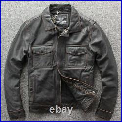 Mens Vintage Style Old Lapel Biker Leather Jacket Genuine Cowhide Motorcycle New