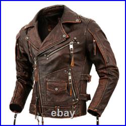Motorcycle Jacket Cowhide Genuine Leather Men's Slim Jacket Vintage Style Jacket
