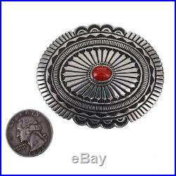 NAVAJO Concho BELT BUCKLE Sterling Silver Natural CORAL Old Pawn Style Vintage