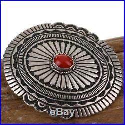 NAVAJO Concho BELT BUCKLE Sterling Silver Natural CORAL Old Pawn Style Vintage