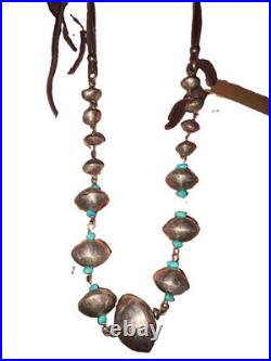 Navajo Chunky Silver Bicone pearls Kingman Turquoise Necklace Handmade