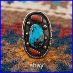 Navajo Turquoise And Coral Ring Size 9.5 Native American Vintage Old Style