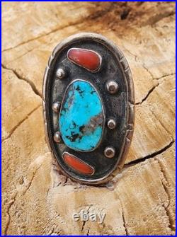 Navajo Turquoise And Coral Ring Size 9.5 Native American Vintage Old Style