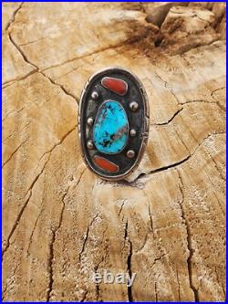Navajo Turquoise And Coral Ring Size 9.5 Native American Vintage Old Style