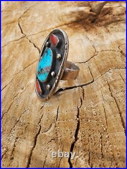 Navajo Turquoise And Coral Ring Size 9.5 Native American Vintage Old Style