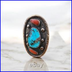 Navajo Turquoise And Coral Ring Size 9.5 Native American Vintage Old Style