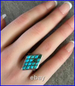 OLD Vintage Native American ZUNI Dishta Style Turquoise Inlay Sterling RING 6.5