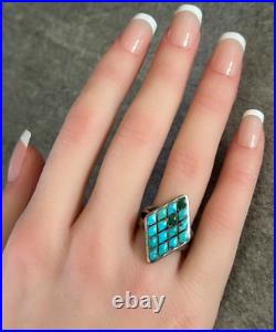 OLD Vintage Native American ZUNI Dishta Style Turquoise Inlay Sterling RING 6.5