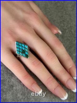 OLD Vintage Native American ZUNI Dishta Style Turquoise Inlay Sterling RING 6.5