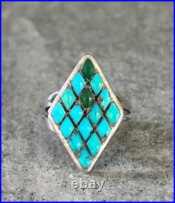 OLD Vintage Native American ZUNI Dishta Style Turquoise Inlay Sterling RING 6.5