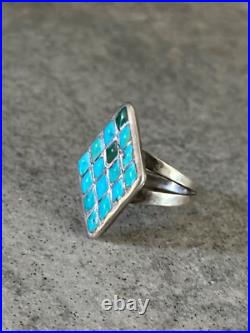 OLD Vintage Native American ZUNI Dishta Style Turquoise Inlay Sterling RING 6.5 OLD Vintage Native American ZUNI Dishta Style Turquoise Inlay Sterling RING 6.5