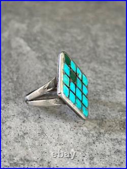 OLD Vintage Native American ZUNI Dishta Style Turquoise Inlay Sterling RING 6.5