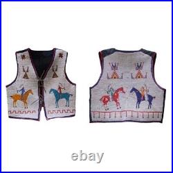 Old American Sioux Style Fully Beaded Suede Genuine Leather Hide Powwow Vest