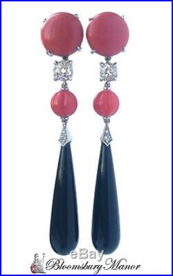 Old European Cut Diamond Art Deco Style 18k Onyx Vintage Coral Pendant Earrings