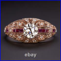 Old European Cut Diamond Ruby Vintage Style Engagement Ring Rose Gold Filigree