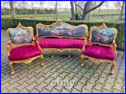 Old French Louis XVI Style Sofa set in Gobelin and Fuchsia Velvet 5 pcs