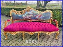 Old French Louis XVI Style Sofa set in Gobelin and Fuchsia Velvet 5 pcs