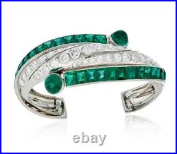 Old French Vintage Style Green 24.29CT Emeralds With White CZ Cuff Rare Bracelet