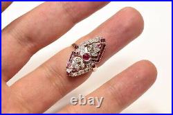Old Navette Art Deco Style 14k Gold Natural Diamond And Caliber Ruby Ring