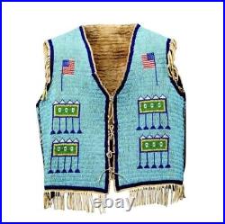 Old Style American Sioux Style Fully Beaded Front Suede Leather Back Powwow Vest