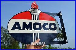 Old Style Amoco American Motor Oil & Gas Torch Vintage Type Steel Flange Sign