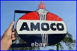 Old Style Amoco American Motor Oil & Gas Torch Vintage Type Steel Flange Sign