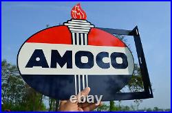 Old Style Amoco Motor Oil & Gas Torch Vintage Type Steel Flange Sign USA Made