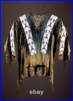 Old Style Beaded Fringe Hand Color Buckskin Suede Leather Powwow War Shirt PWS60