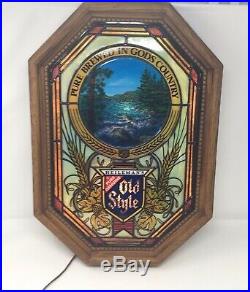 Old Style Beer WaterFall Rapids Motion Light Sign Faux Stained Glass Vtg 1982