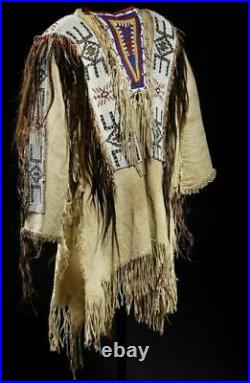 Old Style Beige Buckskin Suede Hide Fringes Beaded Powwow War Shirt NA83