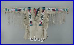 Old Style Beige Buffalo Suede Hide Fringe Sioux Beaded Powwow War Shirt XWS1129