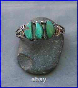 Old Style Vintage Native American Silver Green Turquoise Row Cuff Bracelet